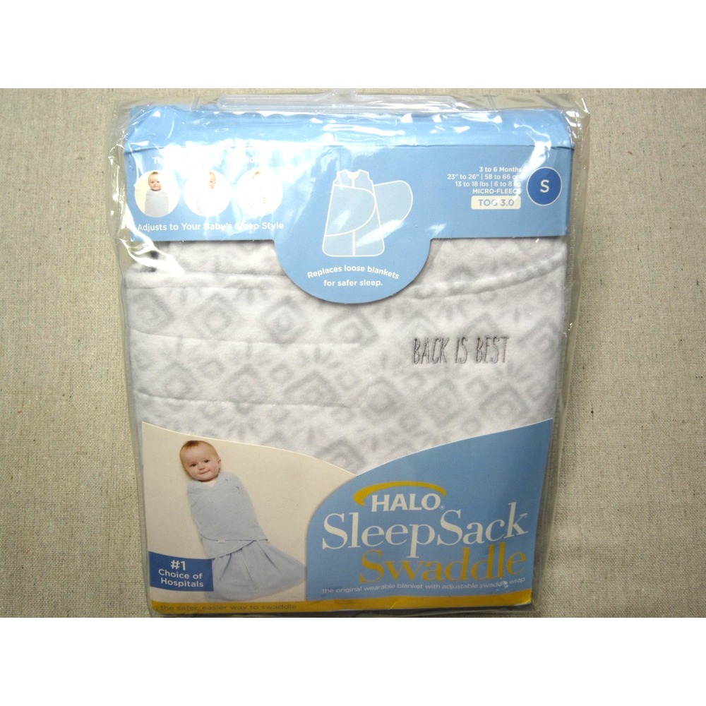 Halo Sleep Sack Baby Swaddle "Back is best" Size Small (birth - 6 mo) White Gray